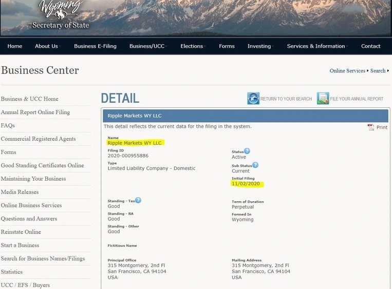 جزییات صفحه ثبت شرکت ریپل در ایالت وایومینگ